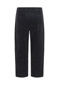 Donkere grijze ribfluwelen broek met een rechte pasvorm, achterzakken en een zachte textuur met verticale ribbels.