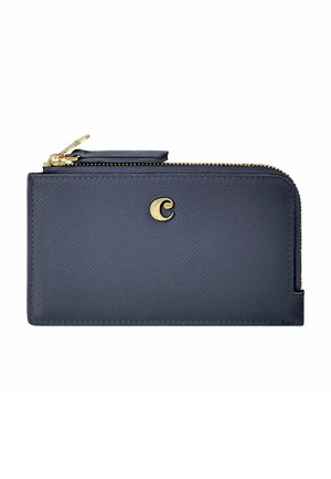 Cartera de cuero azul marino con cremallera dorada y pequeño logo dorado en forma de media luna en el centro frontal.