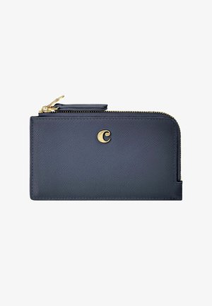 Mørkeblå læderpung med lynlås i guld og lille guld crescent-formet logo midt for.