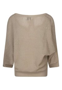 Pull en tricot beige avec une coupe ample, un large col et des manches trois-quarts. Présente un design texturé en tricot ouvert.