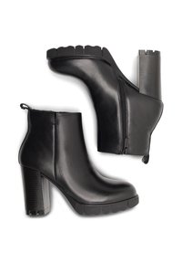 Czarne skórzane botki za kostkę z masywnym obcasem, bocznym zamkiem błyskawicznym i teksturowaną gumową podeszwą. Charakteryzują się gładkim wykończeniem i okrągłym noskiem.