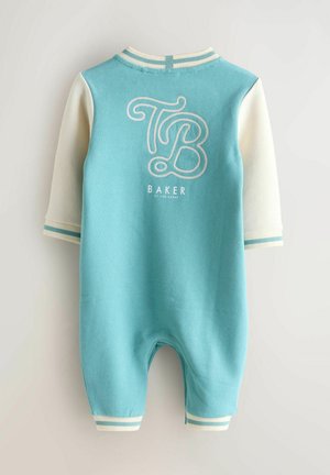 Turkusowy bawełniany kombinezon z krótkimi kremowymi rękawkami, z dekoracyjnym logo "TB" oraz napisem "BAKER" w białym kolorze. Pasiaki przy mankietach.