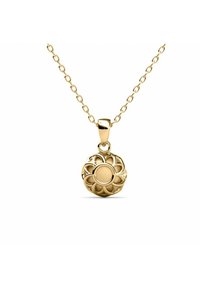 Gouden ketting met een ronde hanger met een bloemen uitsnede ontwerp en een glad centraal element, hangend aan een ketting.