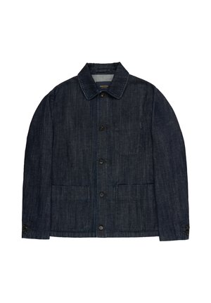 Veste en denim bleu foncé avec fermeture à boutons, col pointu, deux poches avant inférieures et une poche poitrine.
