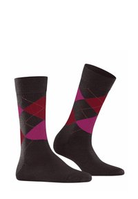 Calzini grigio scuro con un motivo argyle a rombi in bordeaux e rosa, con texture a contrasto e un polsino a coste.