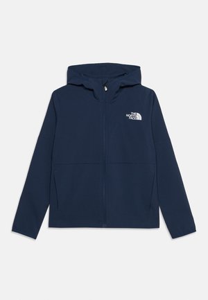 Mørkeblå letvægts hættejakke med frontlynlås og sidelommer, med hvidt The North Face-logo på brystet.