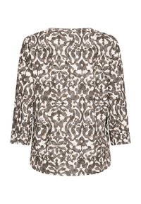 Női hosszú ujjú blúz bézs és sötétszürke absztrakt virágmintával, kerek nyakkivágással, hátulról bemutatva.