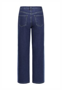 Mörkblå denimjeans med rak benform, som har två bakfickor och kontrasterande sömmar. Slät textur och hög midja.