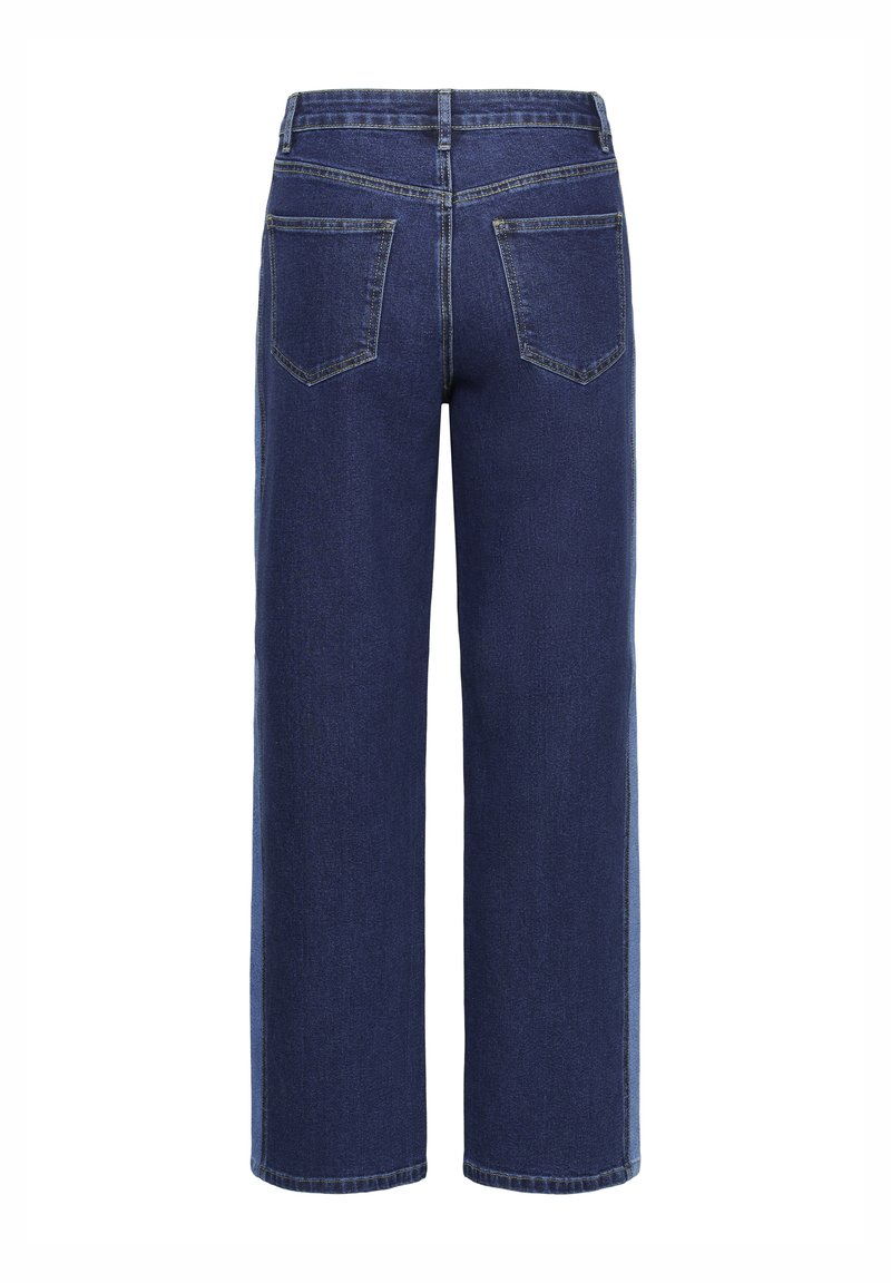 Dunkelblaue Jeans aus Denim mit geradem Bein, zwei Gesäßtaschen und kontrastierenden Nähten. Glatte Textur und hoher Taillenbund.