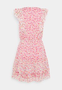 Floral dress in light pink with ruffled sleeves. Features a fitted waist and tiered ruffles at the hem. Material appears lightweight and airy.
