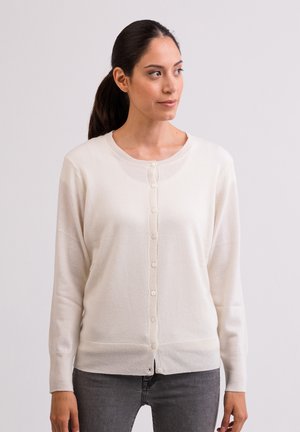 Lichtcreme cardigan van zachte stof, met een ronde halslijn en een knoopsluiting aan de voorkant met ribbels aan de randen en lange mouwen.