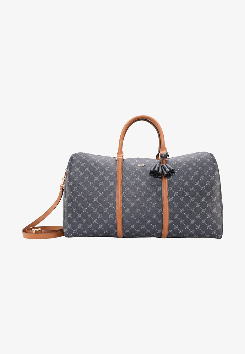 Szary torba typu duffel w wzór z brązowymi skórzanymi uchwytami i detalami. Posiada regulowany pasek na ramię i detal w postaci frędzli.