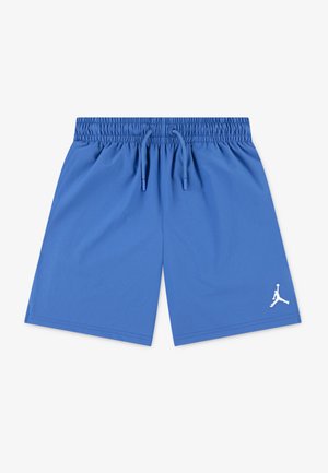 Shorts atletici blu con vita elastica e coulisse. Presentano un logo Jordan bianco sul lato destro inferiore. Tessuto morbido.