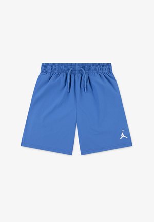 Modré sportovní šortky s elastickým pasem a šňůrkou na stažení. Na dolní pravé straně se nachází bílé logo Jordan. Hladká textilie.