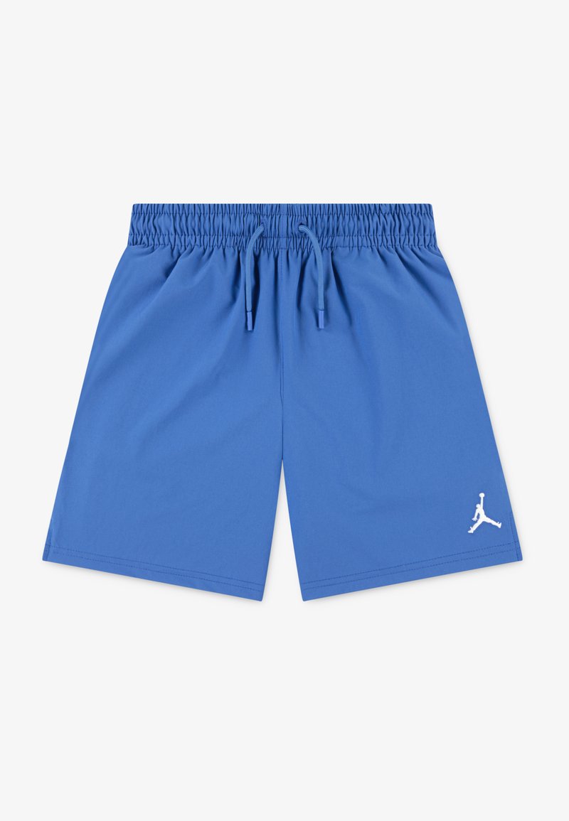 Modré sportovní šortky s elastickým pasem a šňůrkou na stažení. Na dolní pravé straně se nachází bílé logo Jordan. Hladká textilie.