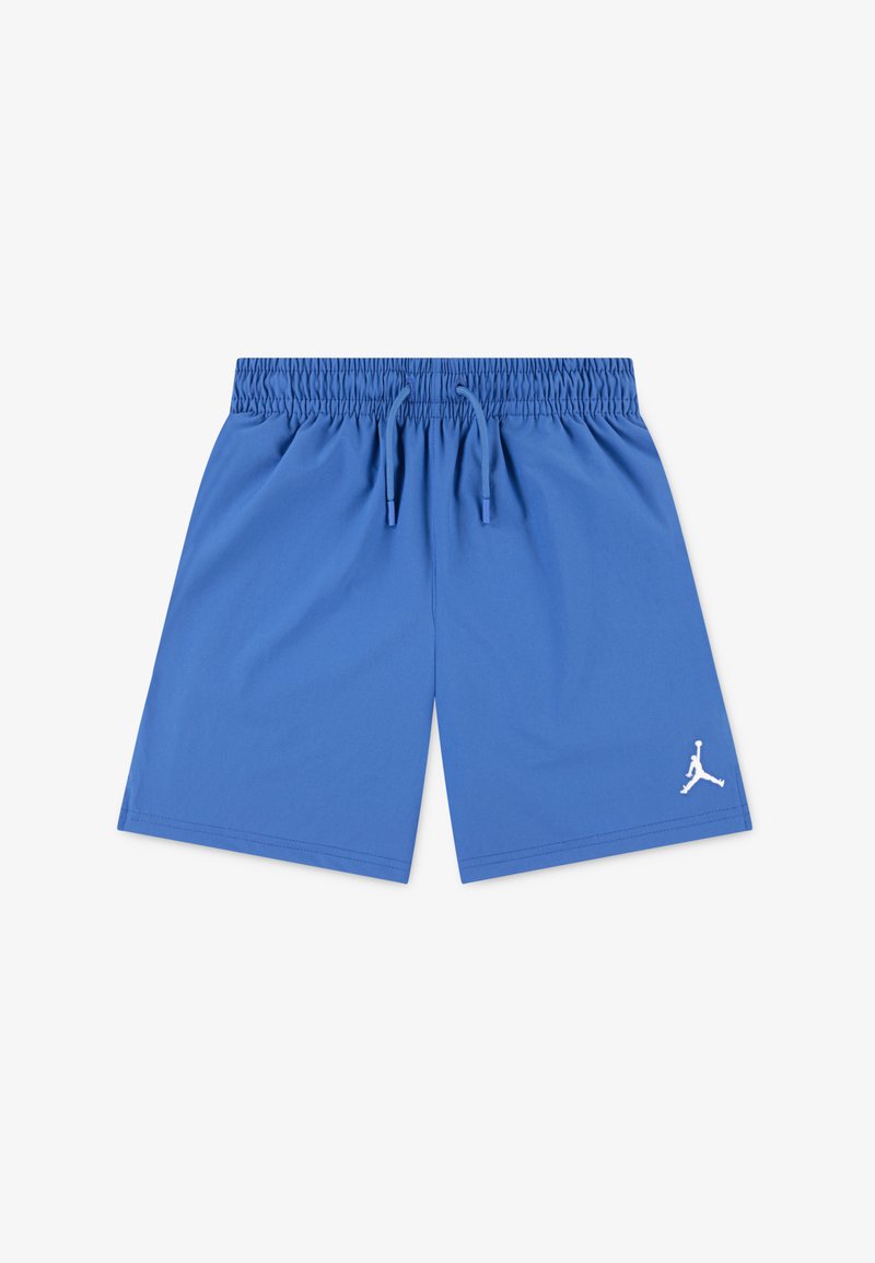 Zili sporta šorti ar elastīgu jostu un auklu. Apakšējā labajā pusē ir balts Jordan logo. Gluda auduma tekstūra.