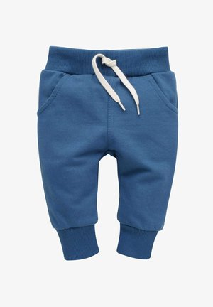 Blue cotton sweatpants with ribbed waistband and cuffs. Features a drawstring and two side pockets. Soft texture with smooth finish.