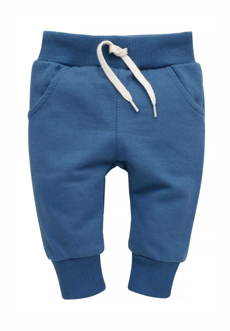 Blauwe katoenen joggingbroek met geribde tailleband en boorden. Heeft een trekkoord en twee zijzakken. Zachte textuur met een gladde afwerking.