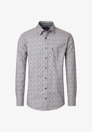 Hemd mit Knopfleiste und hellblauem Hintergrund, bedruckt mit Blumen in Orange, Grün und Gelb. Hergestellt aus leichtem Stoff, lange Ärmel.