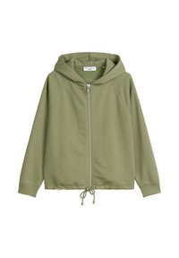 Olijfgroene zip-up hoodie van zachte stof, met een trekkoord aan de onderkant, raglanmouwen en een grote capuchon.