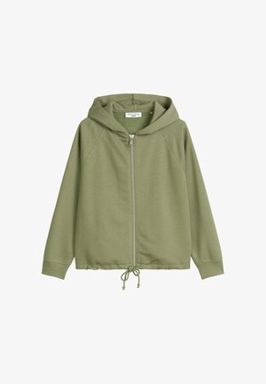 Olijfgroene zip-up hoodie van zachte stof, met een trekkoord aan de onderkant, raglanmouwen en een grote capuchon.