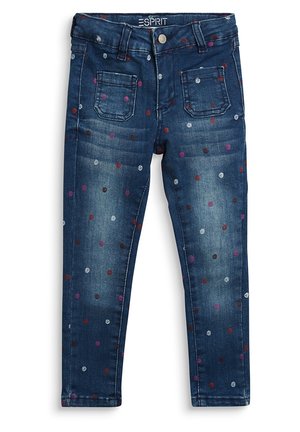 Ciemnoniebieskie dziecięce dżinsy z przetarciami i małymi wielokolorowymi groszkami, wyposażone w przednie kieszenie i zapięcie na guzik.
