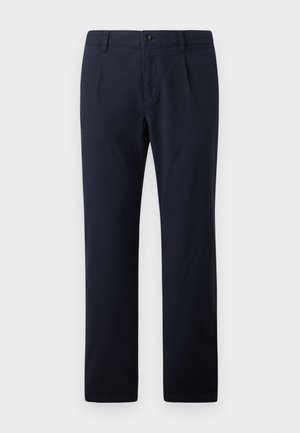Calças azul marinho feitas de um tecido misto de algodão, com um design de frente plana, dois bolsos laterais e pregas discretas.