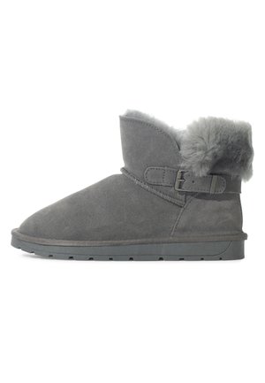 Gray suede ankle boots with a rounded toe, soft fur trim at the top, and a side buckle accent. Textured rubber sole with traction grooves.