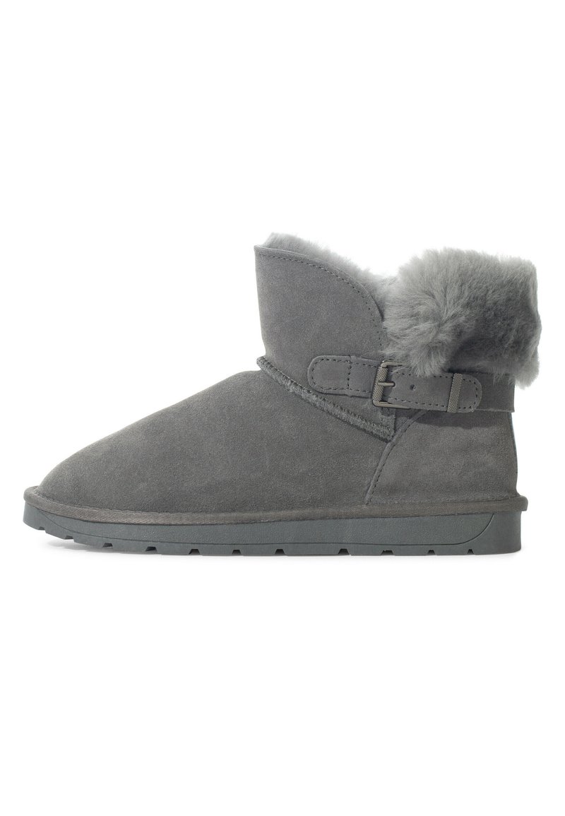 Stivaletti ankle grigi in suede con punta arrotondata, morbida rifinitura in pelliccia nella parte superiore e una fibbia decorativa laterale. Suola in gomma testurizzata con scanalature per la trazione.