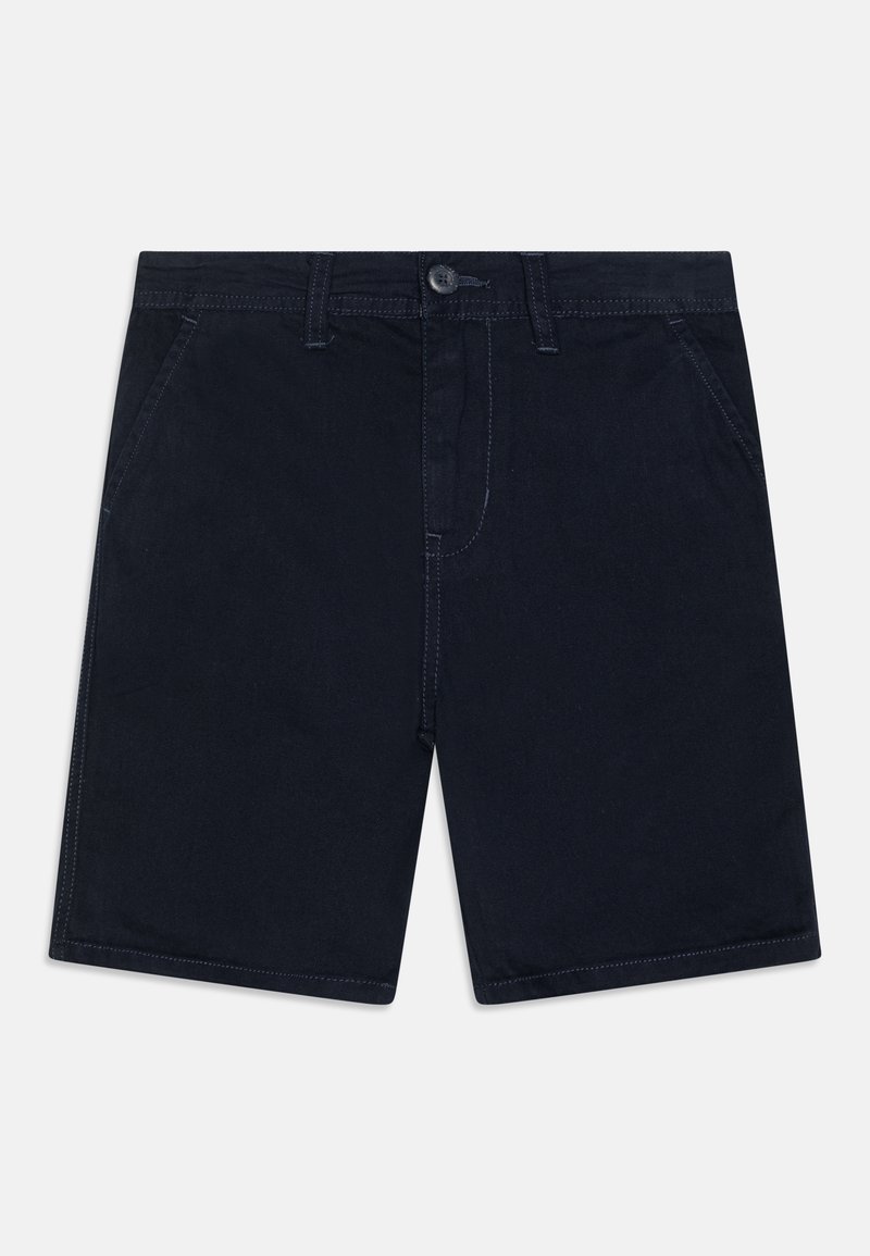 Calções azul-escuro com corte reto, feitos de tecido de algodão. Apresentam bolsos frontais, fecho de botão e costura em contraste.