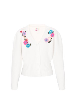 Witte gebreide cardigan met een V-hals, versierd met kleurrijke bloemenborduursels in roze, blauw en rood langs de linkerschouder. Vijf knopen.