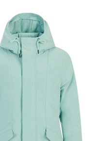 Mintgrön vattentät jacka med hög krage, justerbara dragsko och framfickor. Slät textur med subtil sömdekoration.
