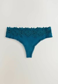 Teal geribbelde lingerie met een bloemenkant tailleband en golvende randen, ontworpen voor comfort en een nauwsluitende pasvorm.