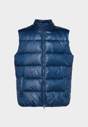 Navyblauwe gewatteerde vest, geborduurd ontwerp, hoge kraag, ritssluiting aan de voorkant, twee horizontale zakken, gladde, glanzende stoftextuur.
