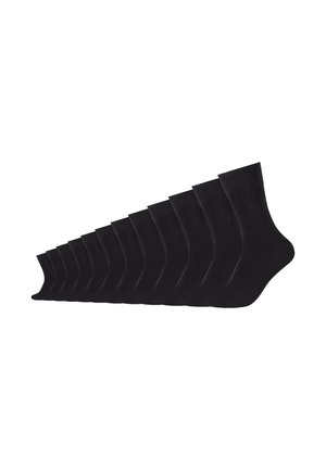 Schwarze Baumwollsocken in einer Reihe angeordnet, mit einem gerippten Textur und verstärkter Ferse, die für Komfort und Langlebigkeit ausgelegt sind.