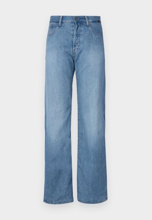 Lyseblå denim brede bukser med klassisk fem-lommers design, knappestegning og subtile sømdetaljer.