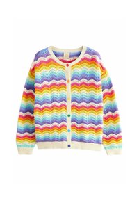 Cardigan tricoté coloré avec un motif ondulé dans des teintes pastel. Il présente un col crème et une fermeture à boutons avec des boutons multicolores.