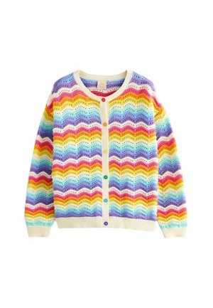 Bunte Strickjacke mit einem welligen Muster in Pastellfarben. Sie hat einen cremefarbenen Kragen und einen Knopfverschluss mit mehrfarbigen Knöpfen.