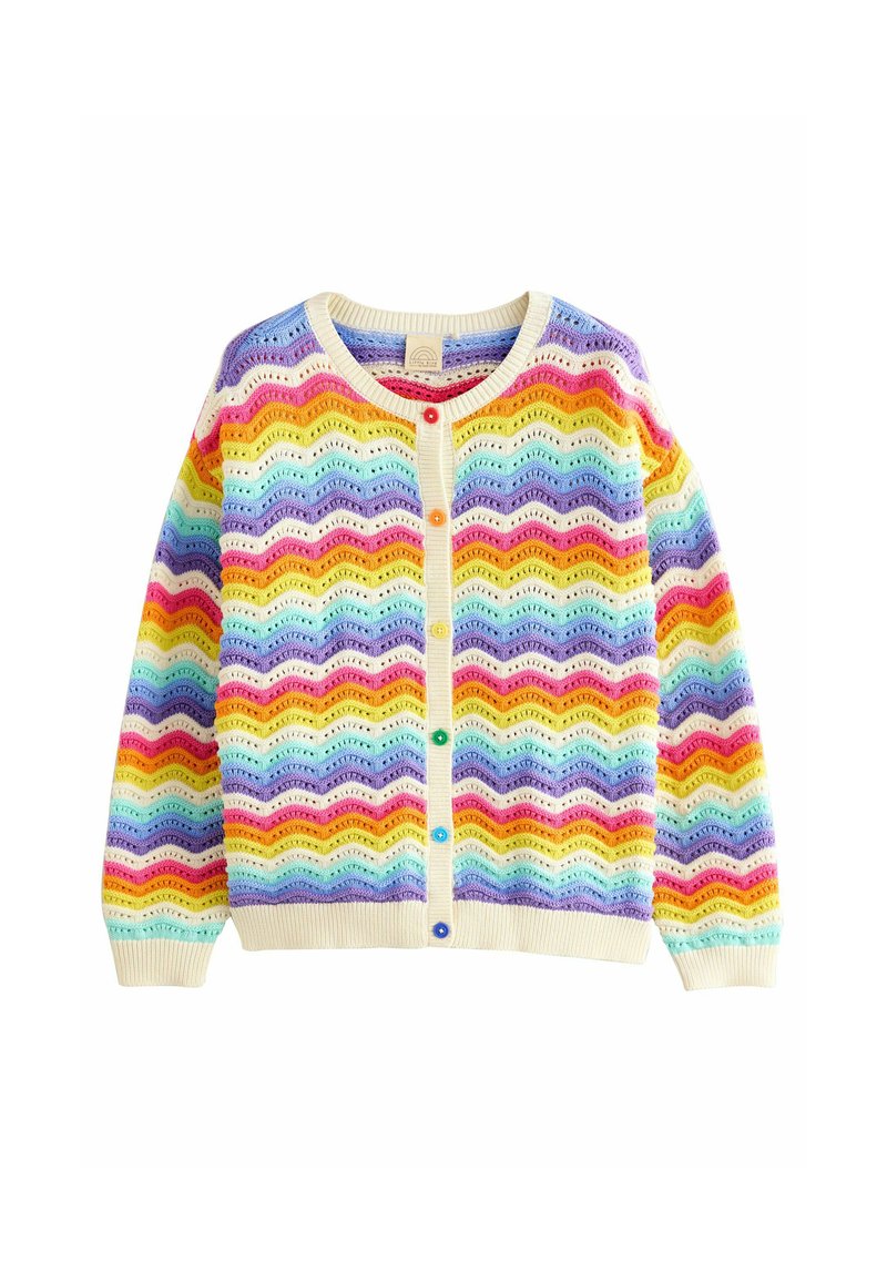Cardigan tricoté coloré avec un motif ondulé dans des teintes pastel. Il présente un col crème et une fermeture à boutons avec des boutons multicolores.