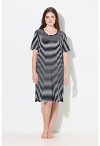 Vestido de manga corta a rayas en azul marino y crema, con cuello redondo, forma en A y aberturas laterales. Fabricado con una tela suave y transpirable.