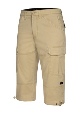 Beżowe szorty cargo wykonane z bawełny, z wieloma kieszeniami, zamek błyskawiczny i zapięcie na guzik, regulowane ściągacze u dołu oraz gładki przód.