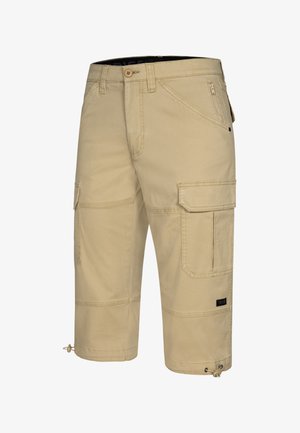 Beżowe szorty cargo wykonane z bawełny, z wieloma kieszeniami, zamek błyskawiczny i zapięcie na guzik, regulowane ściągacze u dołu oraz gładki przód.