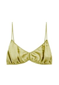 Grøn satin bralette med trekantet form, justerbare spaghetti-stropper og samlet detalje i midten. Glat tekstur med minimale sømme.