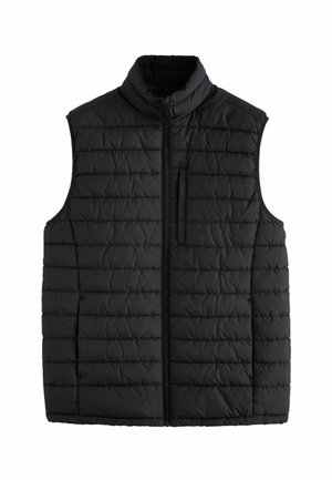 Schwarze Steppweste mit hohem Kragen, Reißverschluss vorne und horizontalem Steppmuster. Verfügt über eine Brusttasche und ärmelloses Design. Glatte Textur.