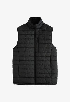 Schwarze Steppweste mit hohem Kragen, Reißverschluss vorne und horizontalem Steppmuster. Verfügt über eine Brusttasche und ärmelloses Design. Glatte Textur.