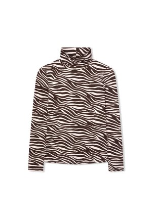 Maglione a collo alto a strisce zebra marrone e crema, maniche lunghe, tessuto morbido, design leggermente aderente, con colletto alto.