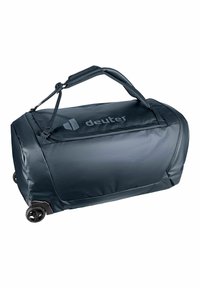 Borsa duffel blu scuro realizzata in materiale resistente e impermeabile, con manico imbottito, due ruote e logo stampato.