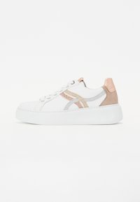 White sneaker with leather and suede accents, featuring metallic rose gold and silver stripes, round toe, and a thick white sole.