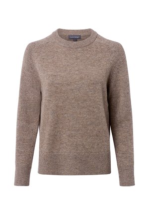 Brown knit sweater with a round neckline, raglan sleeves, and ribbed hem. Made of textured fabric with multicolored specks throughout.