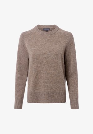 Brązowy sweter z dzianiny o okrągłym dekolcie, raglanowych rękawach i ściągaczu. Wykonany z teksturowanej tkaniny z wielokolorowymi włóknami.